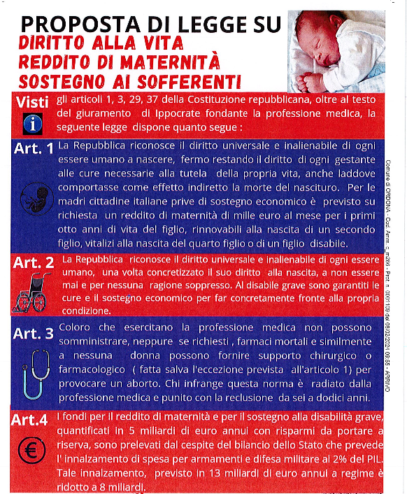 Proposta di legge su diritto alla vita, reddito di maternità e sostegno ai sofferenti.